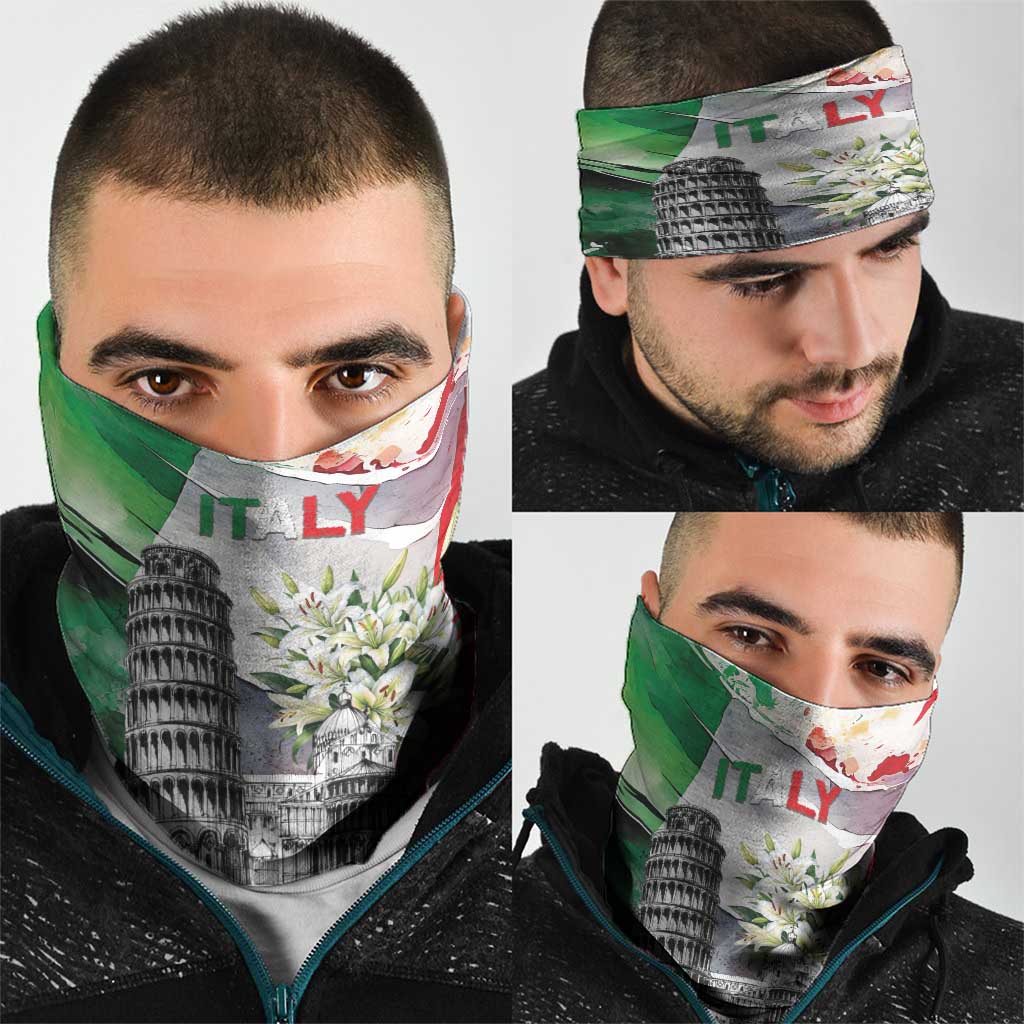 Italy Pisa Tower Neck Gaiter White Lily With Flag Style - Wonder Print Shop