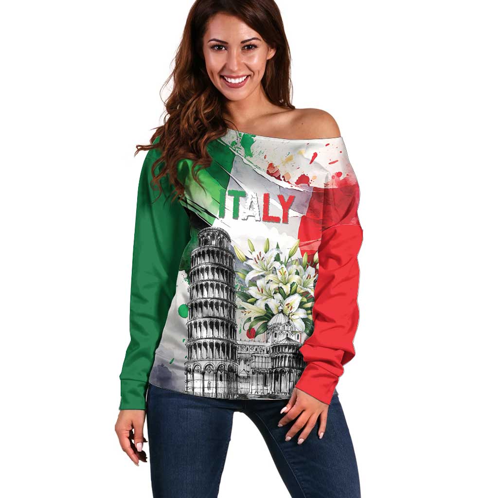 Italy Pisa Tower Off Shoulder Sweater White Lily With Flag Style - Wonder Print Shop