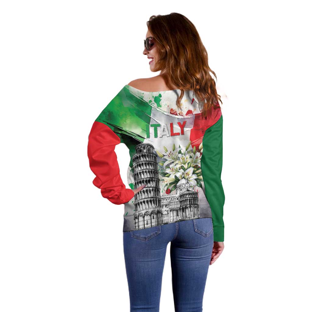 Italy Pisa Tower Off Shoulder Sweater White Lily With Flag Style - Wonder Print Shop