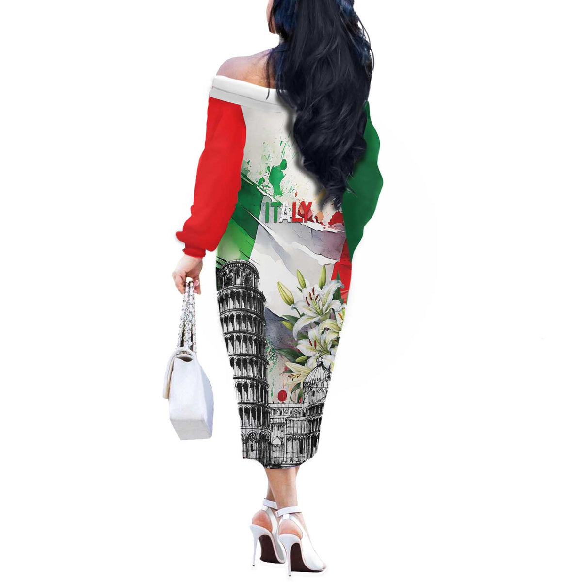 Italy Pisa Tower Off The Shoulder Long Sleeve Dress White Lily With Flag Style - Wonder Print Shop