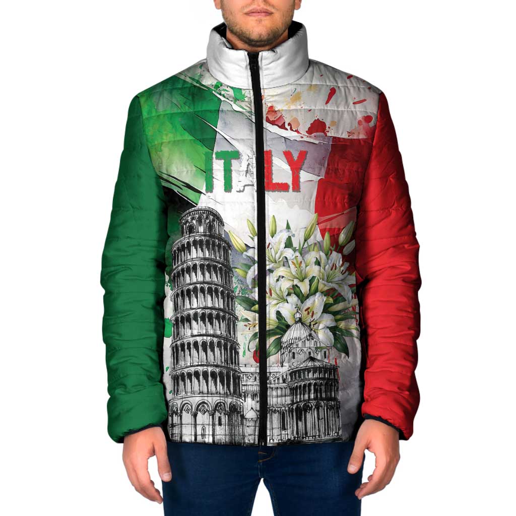 Italy Pisa Tower Padded Jacket White Lily With Flag Style - Wonder Print Shop
