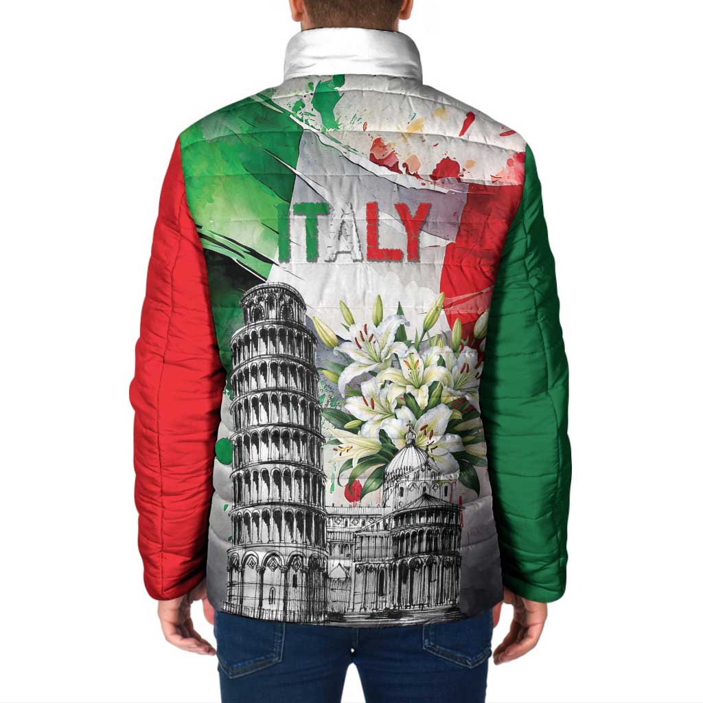 Italy Pisa Tower Padded Jacket White Lily With Flag Style - Wonder Print Shop