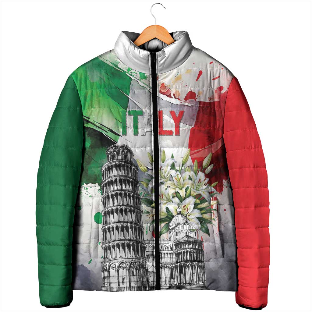 Italy Pisa Tower Padded Jacket White Lily With Flag Style - Wonder Print Shop
