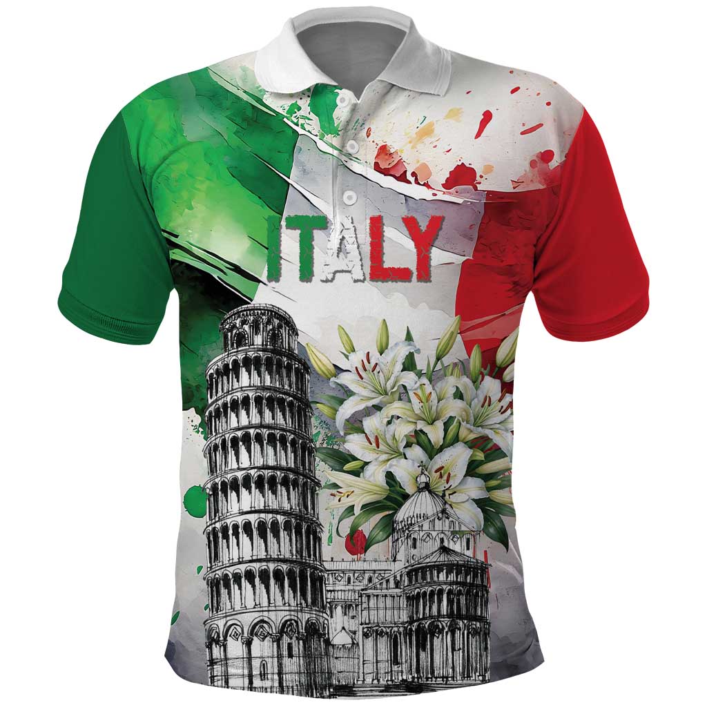 Italy Pisa Tower Polo Shirt White Lily With Flag Style - Wonder Print Shop