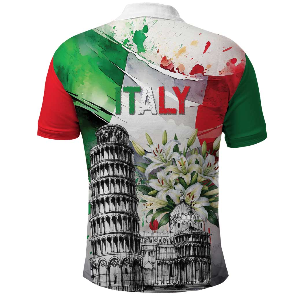 Italy Pisa Tower Polo Shirt White Lily With Flag Style - Wonder Print Shop