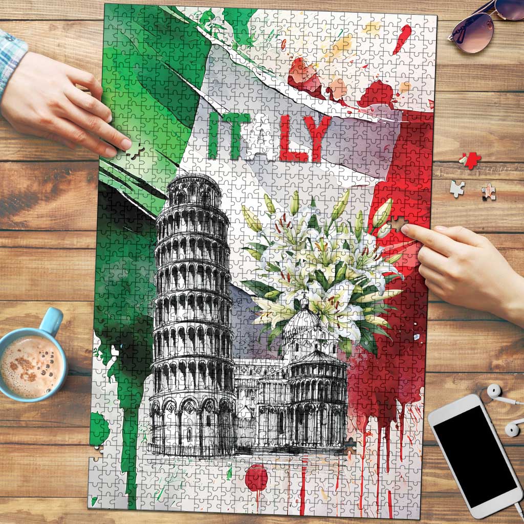 Italy Pisa Tower Puzzle White Lily With Flag Style - Wonder Print Shop