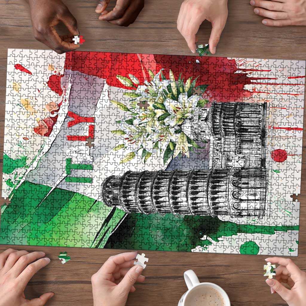 Italy Pisa Tower Puzzle White Lily With Flag Style - Wonder Print Shop