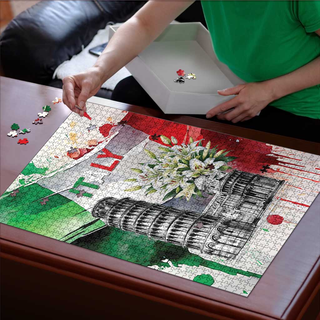 Italy Pisa Tower Puzzle White Lily With Flag Style - Wonder Print Shop