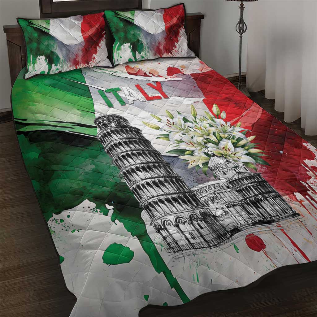 Italy Pisa Tower Quilt Bed Set White Lily With Flag Style - Wonder Print Shop