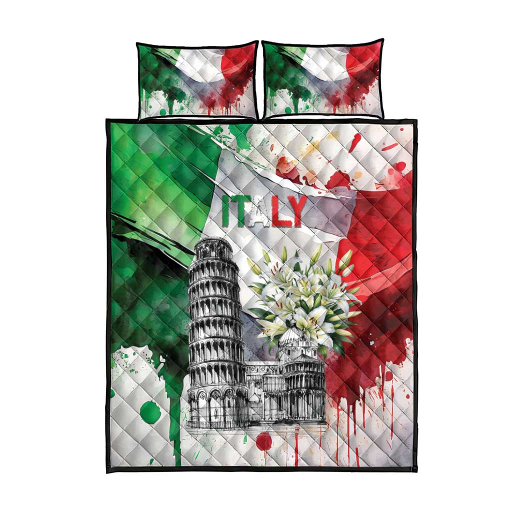 Italy Pisa Tower Quilt Bed Set White Lily With Flag Style - Wonder Print Shop
