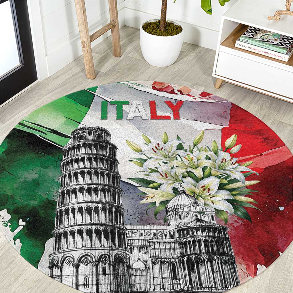 Italy Pisa Tower Round Carpet White Lily With Flag Style - Wonder Print Shop