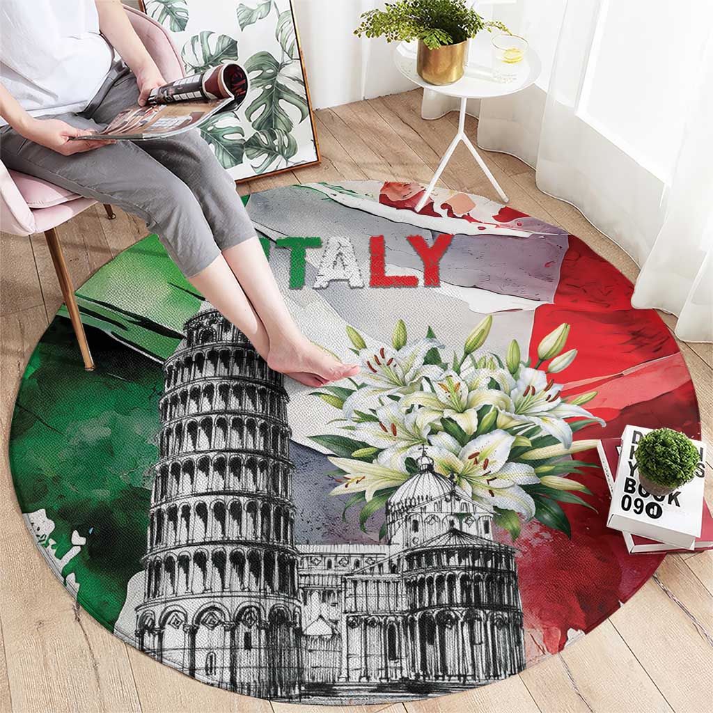 Italy Pisa Tower Round Carpet White Lily With Flag Style - Wonder Print Shop
