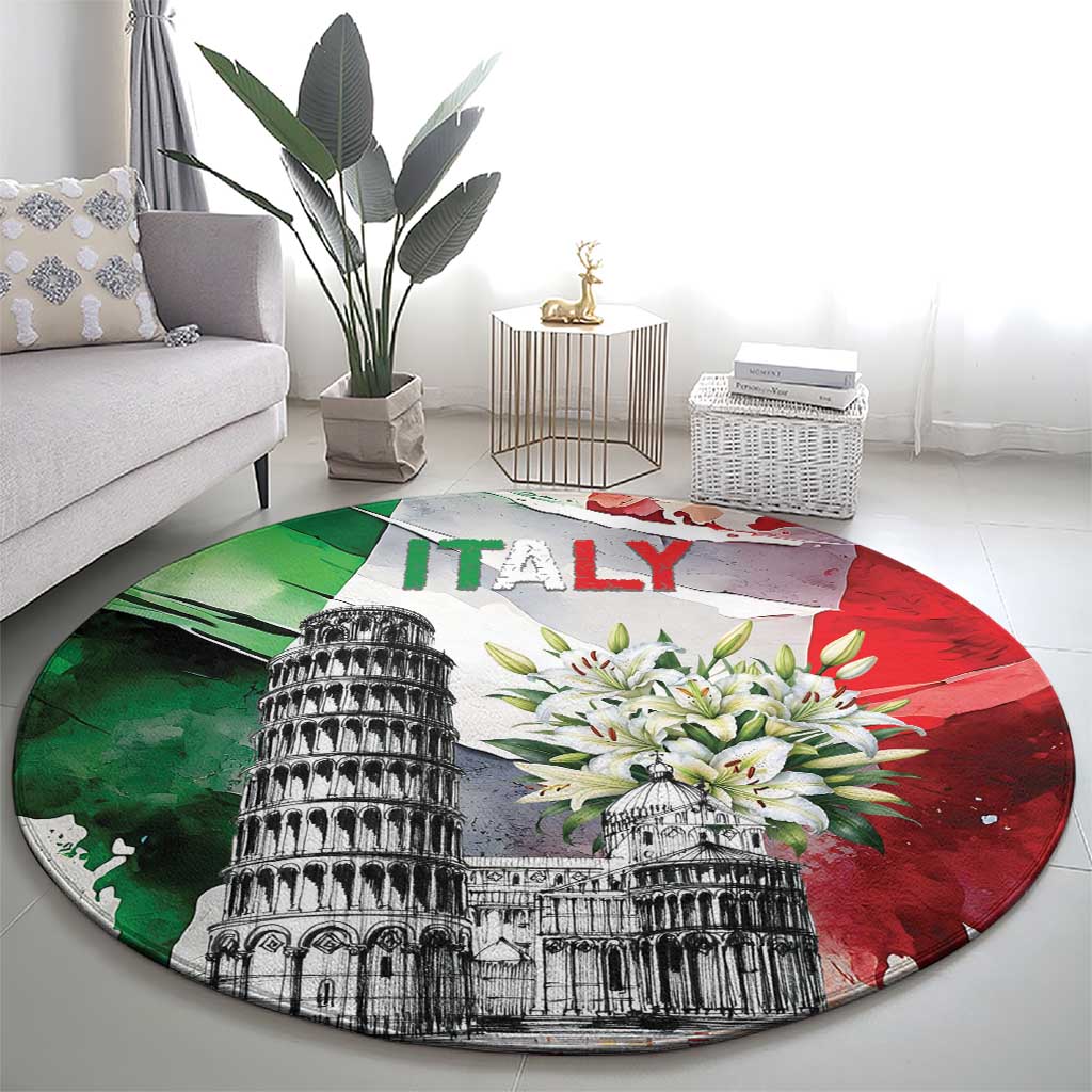 Italy Pisa Tower Round Carpet White Lily With Flag Style - Wonder Print Shop