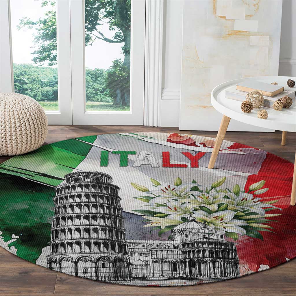Italy Pisa Tower Round Carpet White Lily With Flag Style - Wonder Print Shop