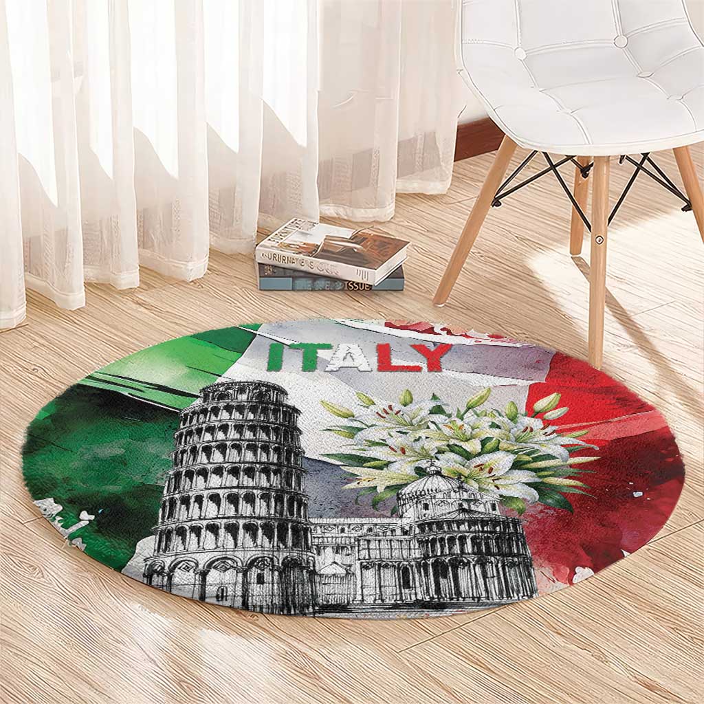 Italy Pisa Tower Round Carpet White Lily With Flag Style - Wonder Print Shop
