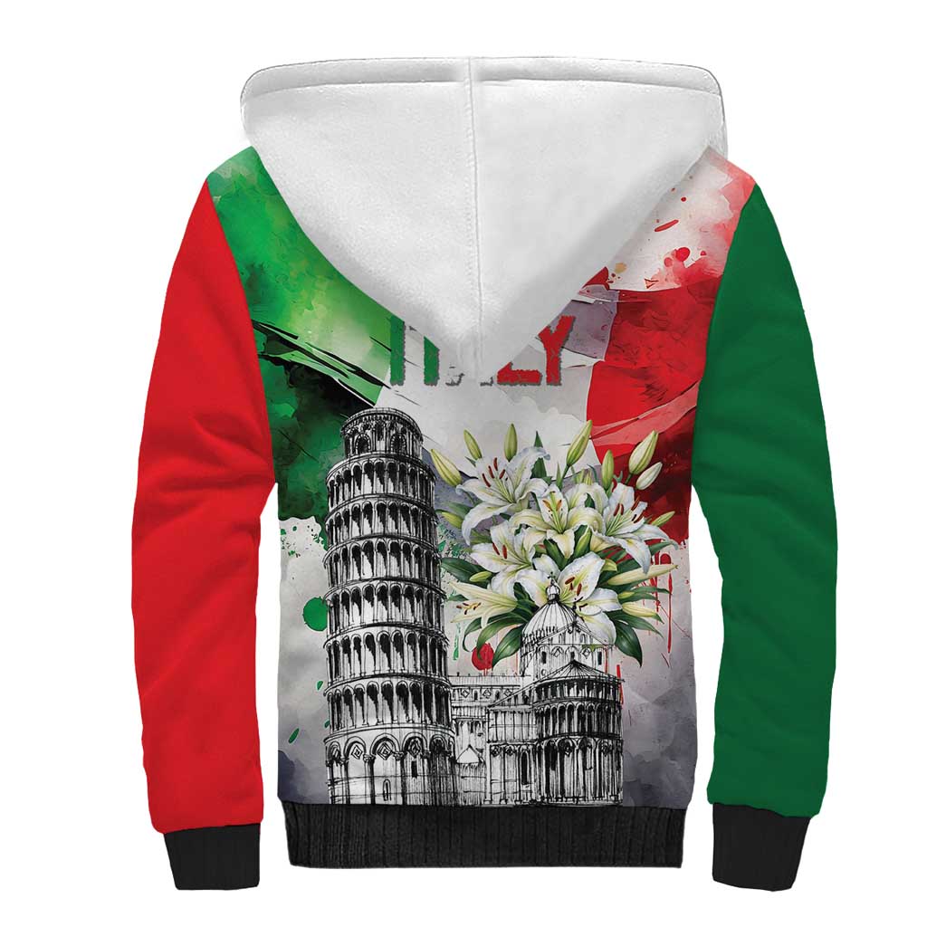 Italy Pisa Tower Sherpa Hoodie White Lily With Flag Style - Wonder Print Shop