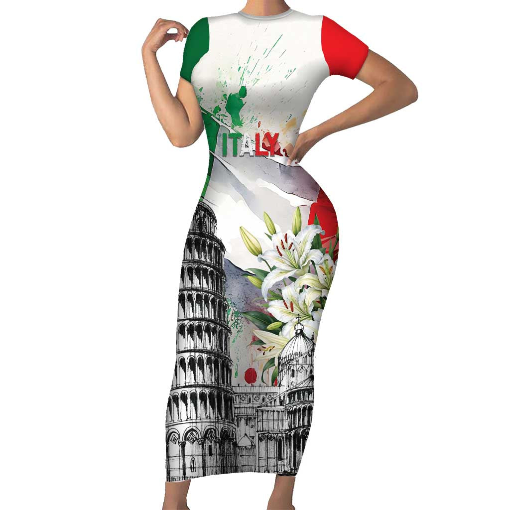 Italy Pisa Tower Short Sleeve Bodycon Dress White Lily With Flag Style - Wonder Print Shop
