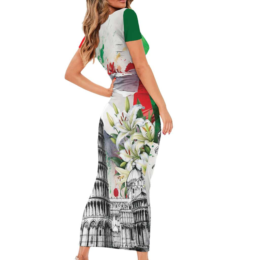 Italy Pisa Tower Short Sleeve Bodycon Dress White Lily With Flag Style - Wonder Print Shop