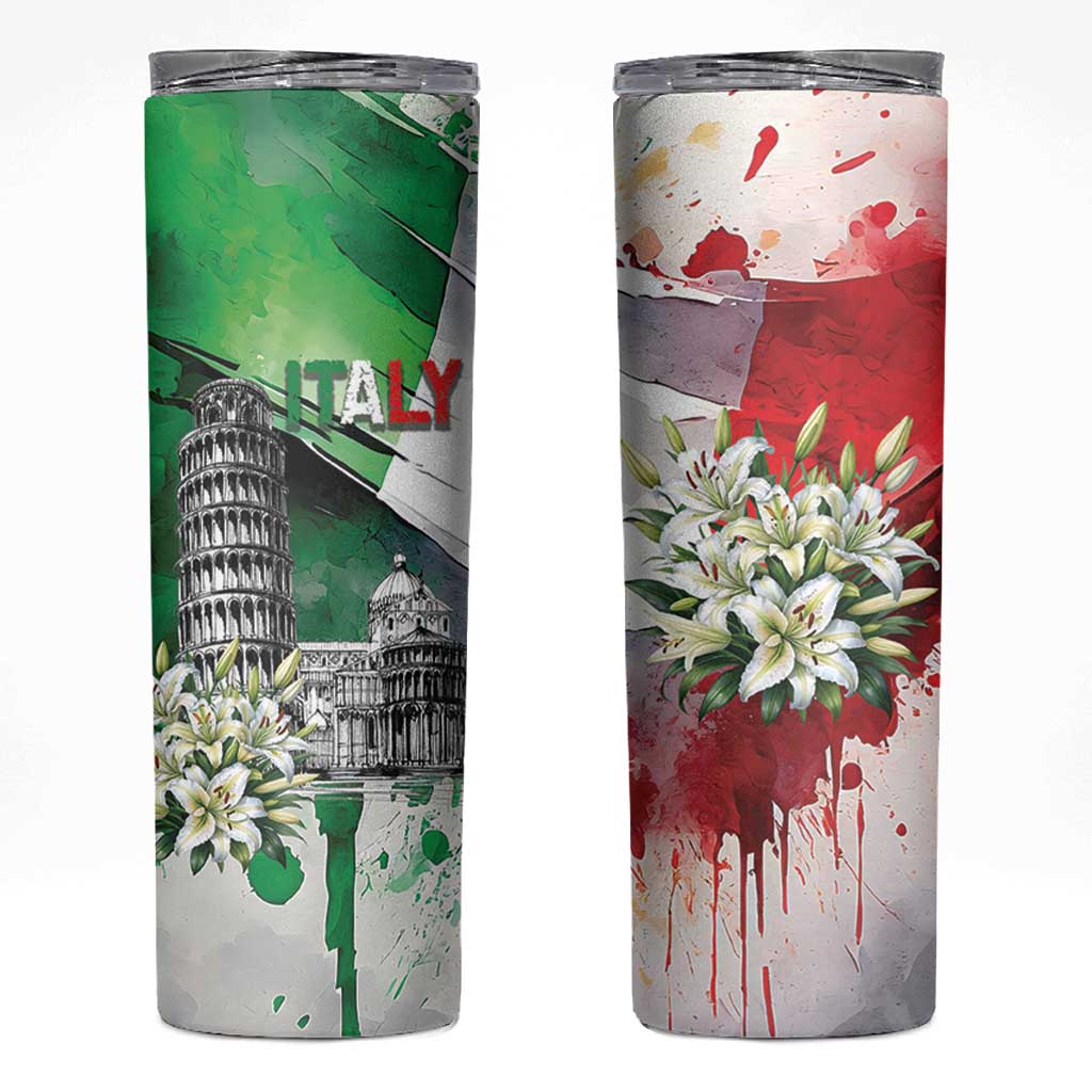 Italy Pisa Tower Skinny Tumbler White Lily With Flag Style - Wonder Print Shop