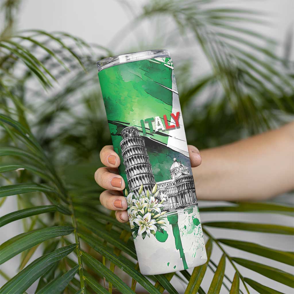 Italy Pisa Tower Skinny Tumbler White Lily With Flag Style - Wonder Print Shop