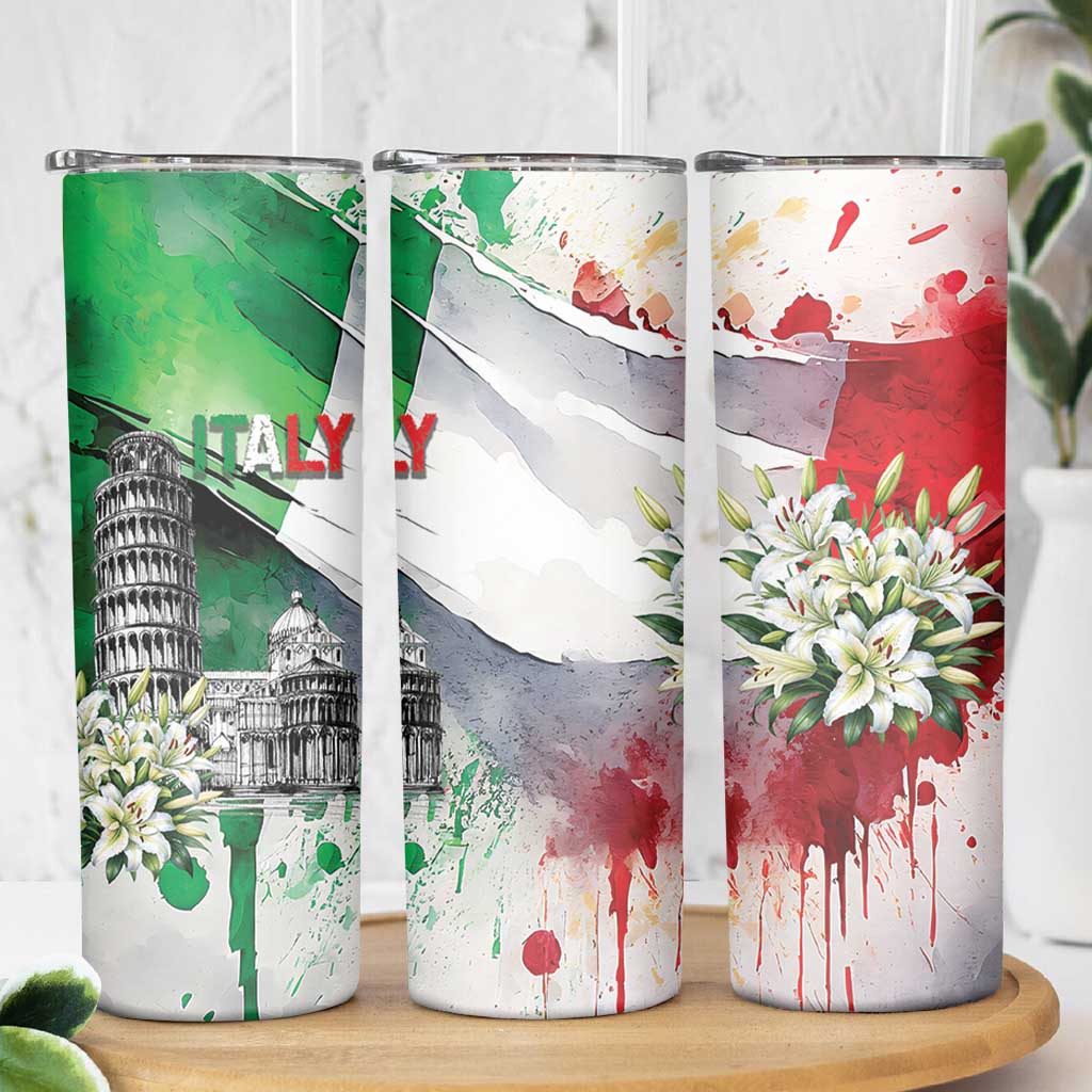 Italy Pisa Tower Skinny Tumbler White Lily With Flag Style - Wonder Print Shop