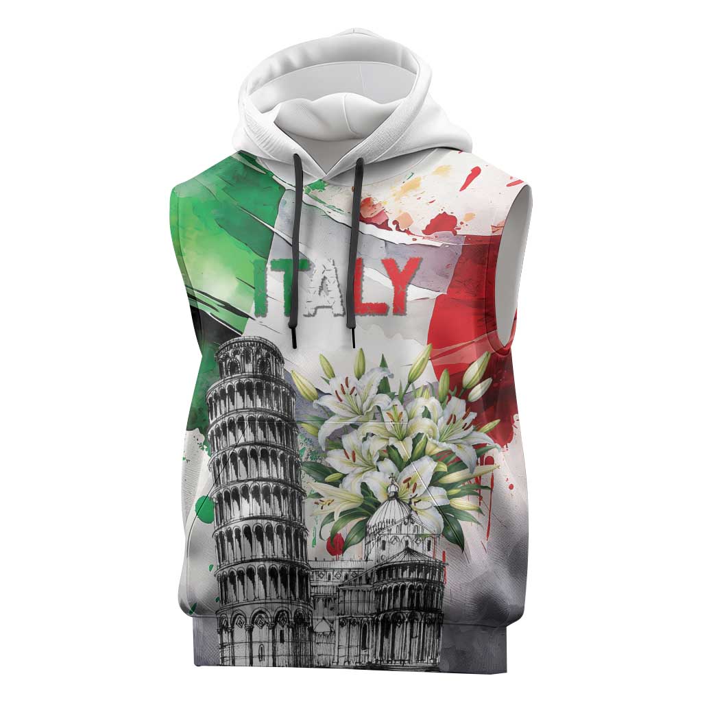 Italy Pisa Tower Sleeveless Hoodie White Lily With Flag Style - Wonder Print Shop
