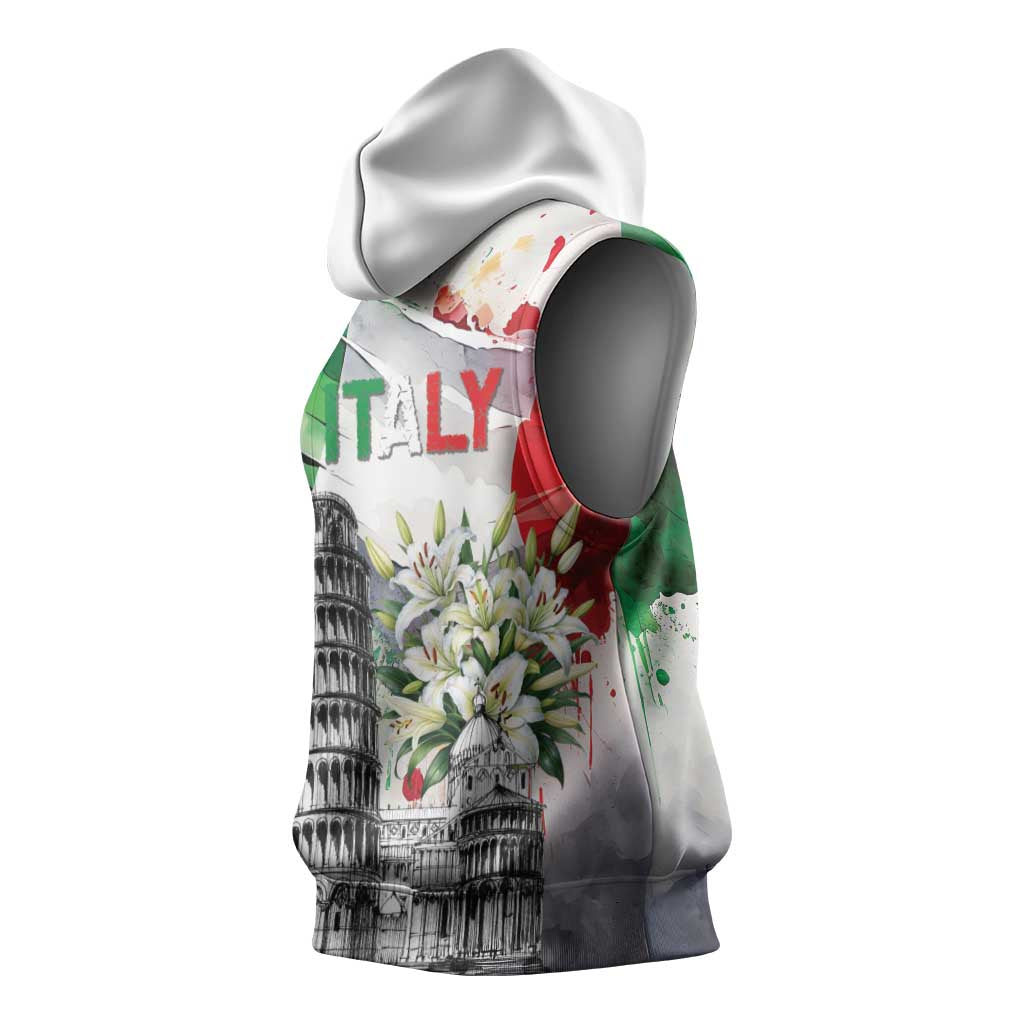 Italy Pisa Tower Sleeveless Hoodie White Lily With Flag Style - Wonder Print Shop