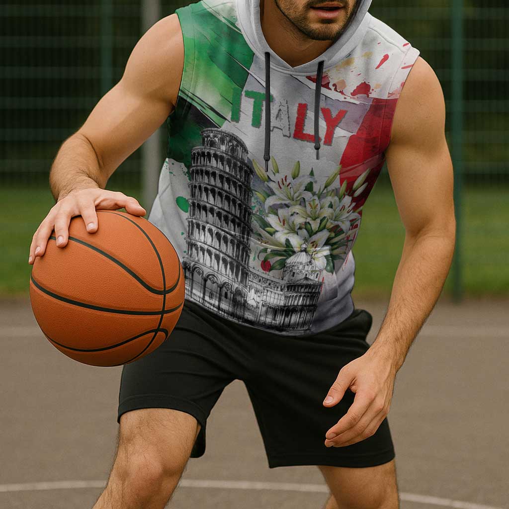 Italy Pisa Tower Sleeveless Hoodie White Lily With Flag Style - Wonder Print Shop