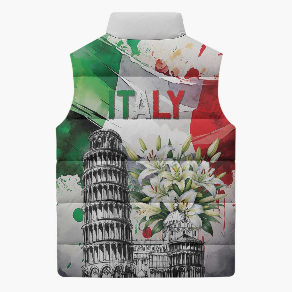 Italy Pisa Tower Sleeveless Puffer Jacket White Lily With Flag Style - Wonder Print Shop