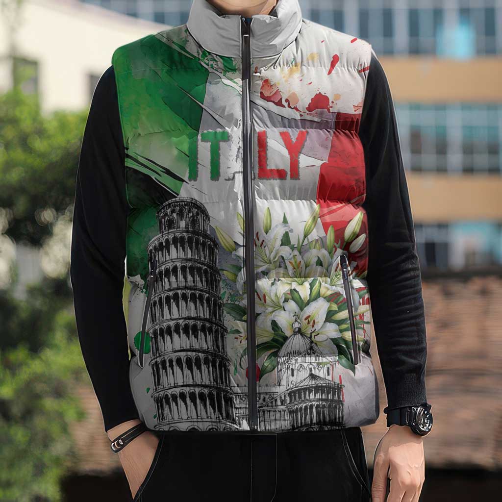 Italy Pisa Tower Sleeveless Puffer Jacket White Lily With Flag Style - Wonder Print Shop