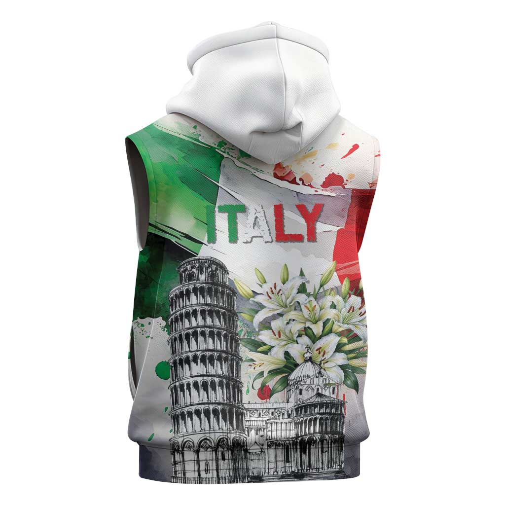 Italy Pisa Tower Sleeveless Zip Hoodie White Lily With Flag Style - Wonder Print Shop