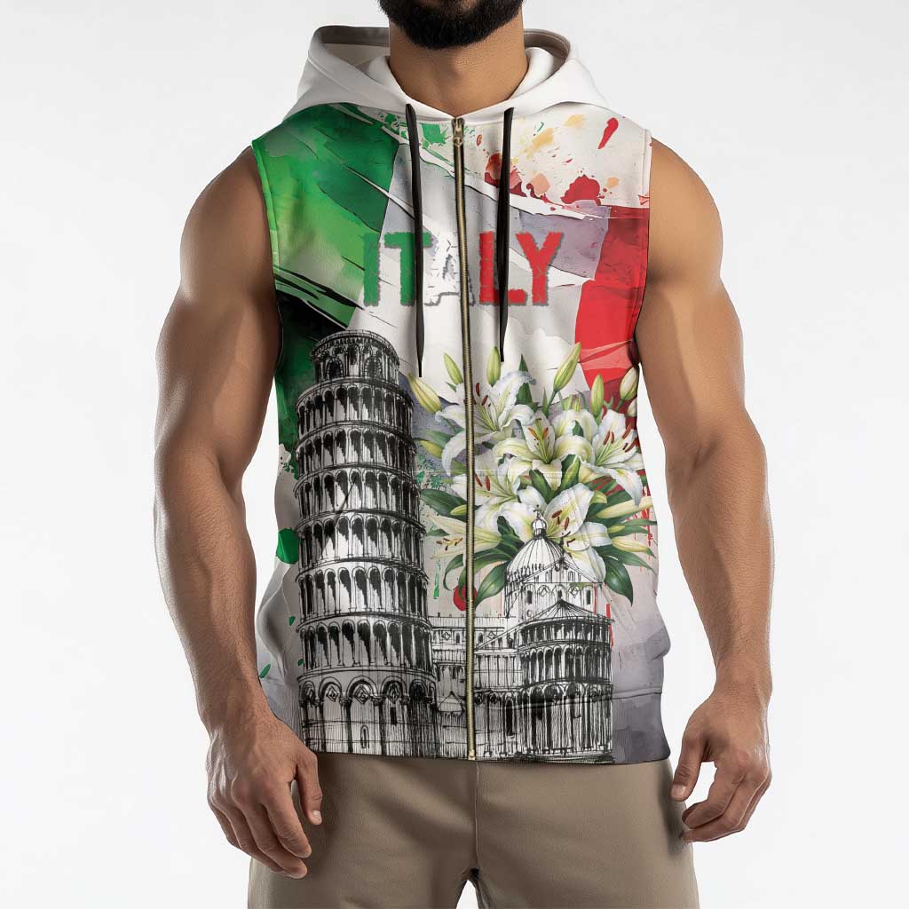 Italy Pisa Tower Sleeveless Zip Hoodie White Lily With Flag Style - Wonder Print Shop