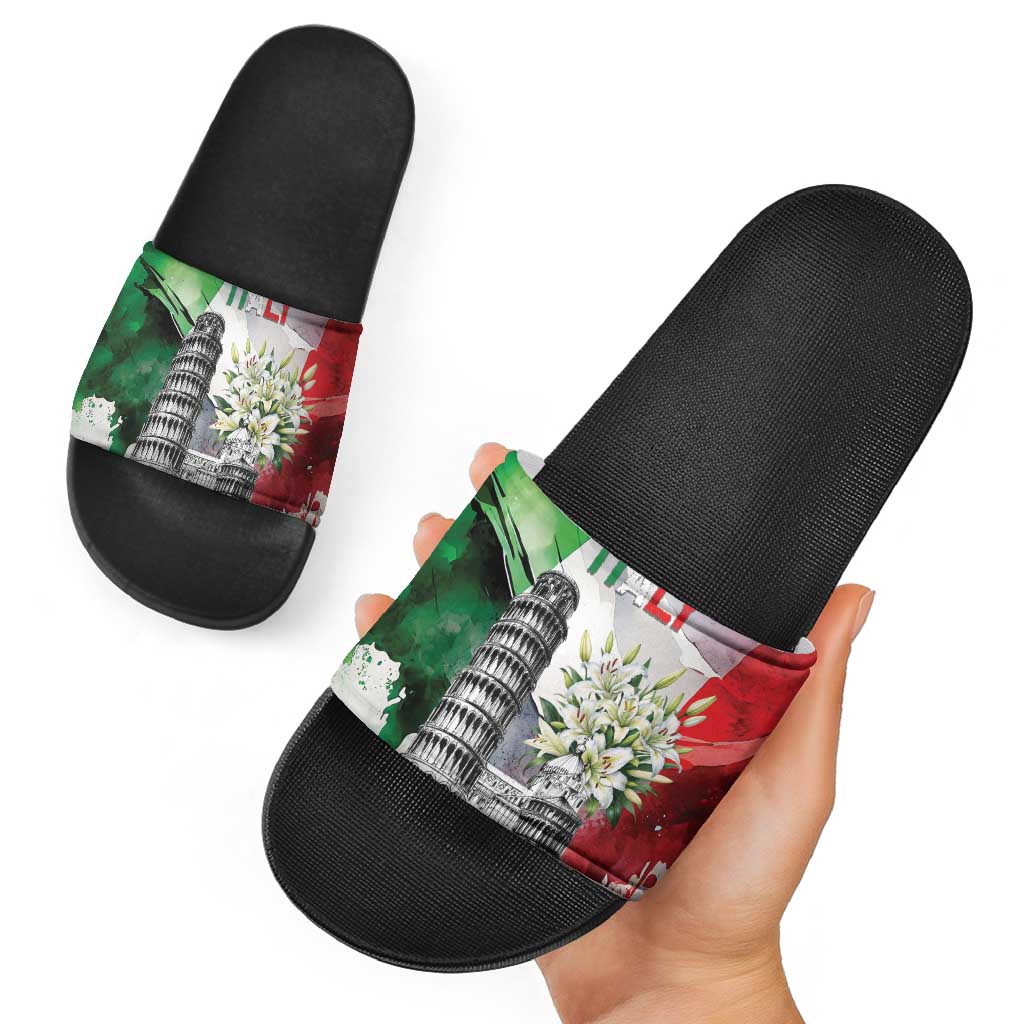 Italy Pisa Tower Slide Sandals White Lily With Flag Style - Wonder Print Shop