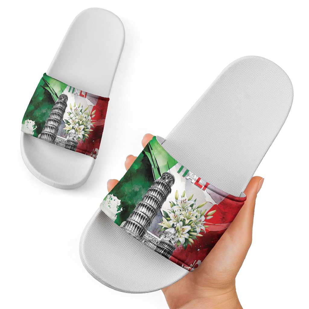 Italy Pisa Tower Slide Sandals White Lily With Flag Style - Wonder Print Shop