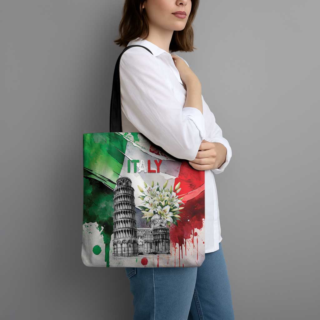 Italy Pisa Tower Tote Bag White Lily With Flag Style - Wonder Print Shop