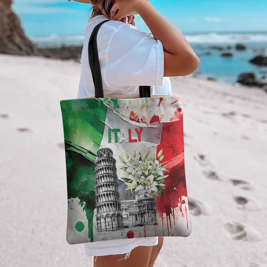 Italy Pisa Tower Tote Bag White Lily With Flag Style - Wonder Print Shop