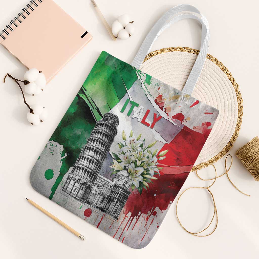 Italy Pisa Tower Tote Bag White Lily With Flag Style - Wonder Print Shop