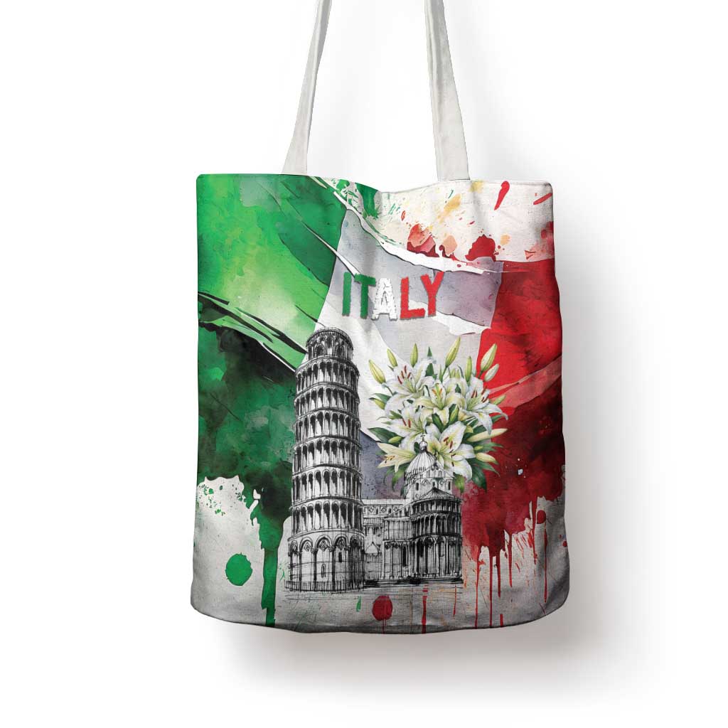Italy Pisa Tower Tote Bag White Lily With Flag Style - Wonder Print Shop
