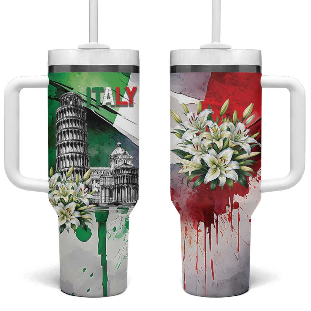 Italy Pisa Tower Tumbler With Handle White Lily With Flag Style - Wonder Print Shop