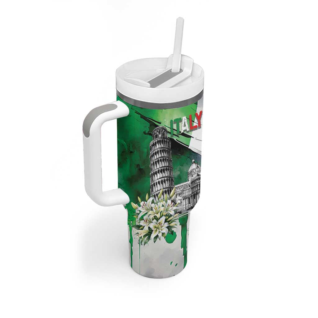 Italy Pisa Tower Tumbler With Handle White Lily With Flag Style - Wonder Print Shop