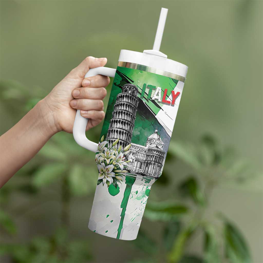 Italy Pisa Tower Tumbler With Handle White Lily With Flag Style - Wonder Print Shop