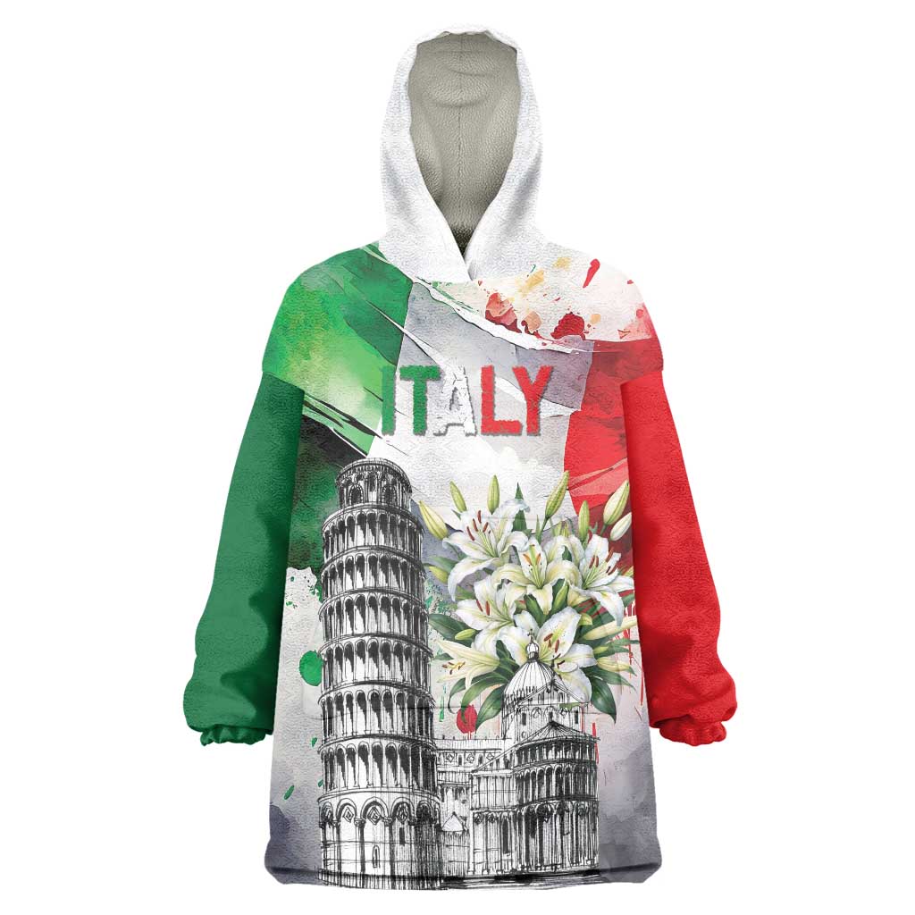 Italy Pisa Tower Wearable Blanket Hoodie White Lily With Flag Style - Wonder Print Shop