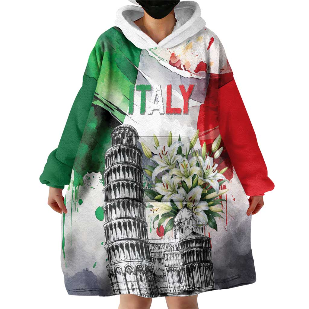Italy Pisa Tower Wearable Blanket Hoodie White Lily With Flag Style - Wonder Print Shop