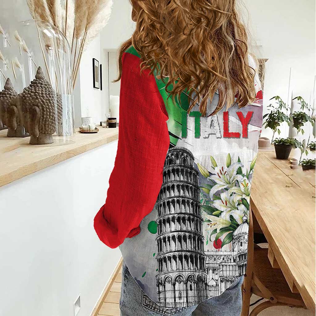 Italy Pisa Tower Women Casual Shirt White Lily With Flag Style - Wonder Print Shop