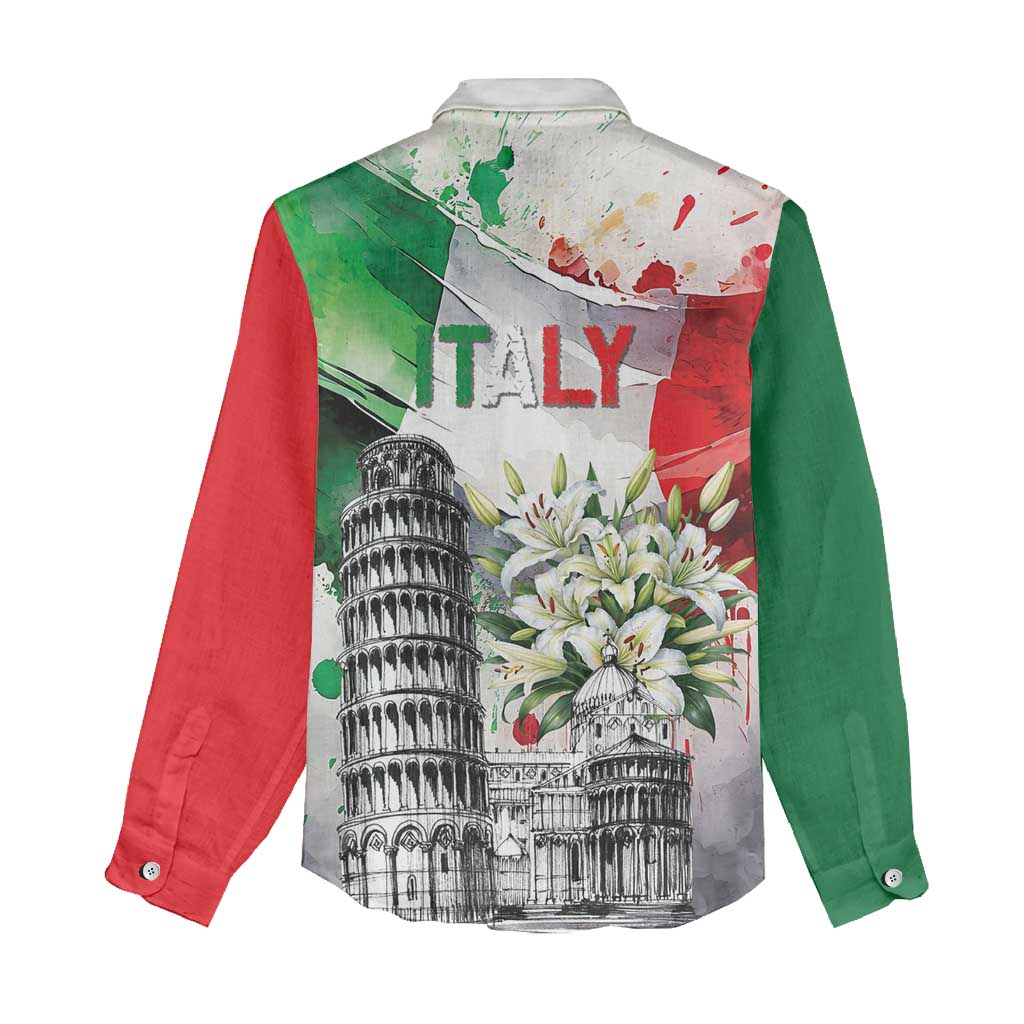 Italy Pisa Tower Women Casual Shirt White Lily With Flag Style - Wonder Print Shop