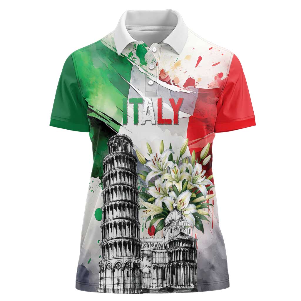 Italy Pisa Tower Women Polo Shirt White Lily With Flag Style - Wonder Print Shop