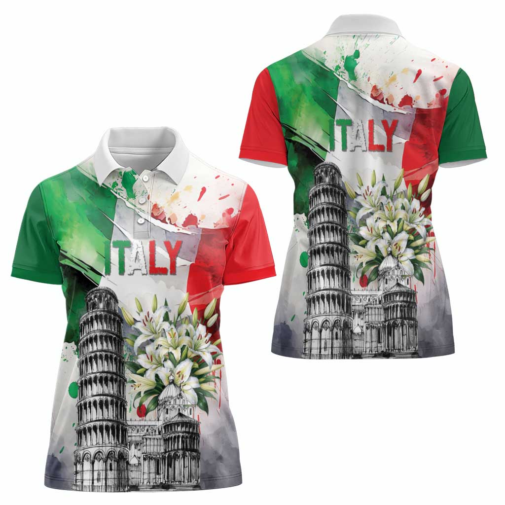 Italy Pisa Tower Women Polo Shirt White Lily With Flag Style - Wonder Print Shop