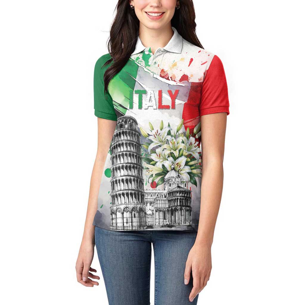 Italy Pisa Tower Women Polo Shirt White Lily With Flag Style - Wonder Print Shop