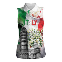 Italy Pisa Tower Women Sleeveless Polo Shirt White Lily With Flag Style - Wonder Print Shop