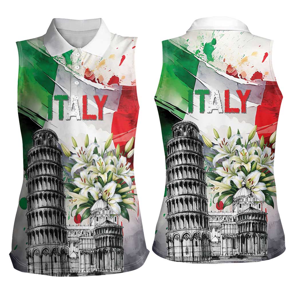 Italy Pisa Tower Women Sleeveless Polo Shirt White Lily With Flag Style - Wonder Print Shop